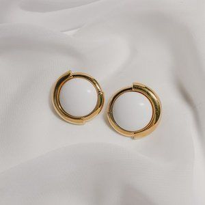 Vintage Monet Gold White Round Button Dome Circle Statement Large Post Earrings